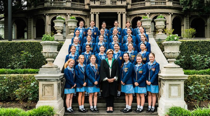 2022-2023 School Councillors with Principal O'Dwyer in front of Mandeville Hall